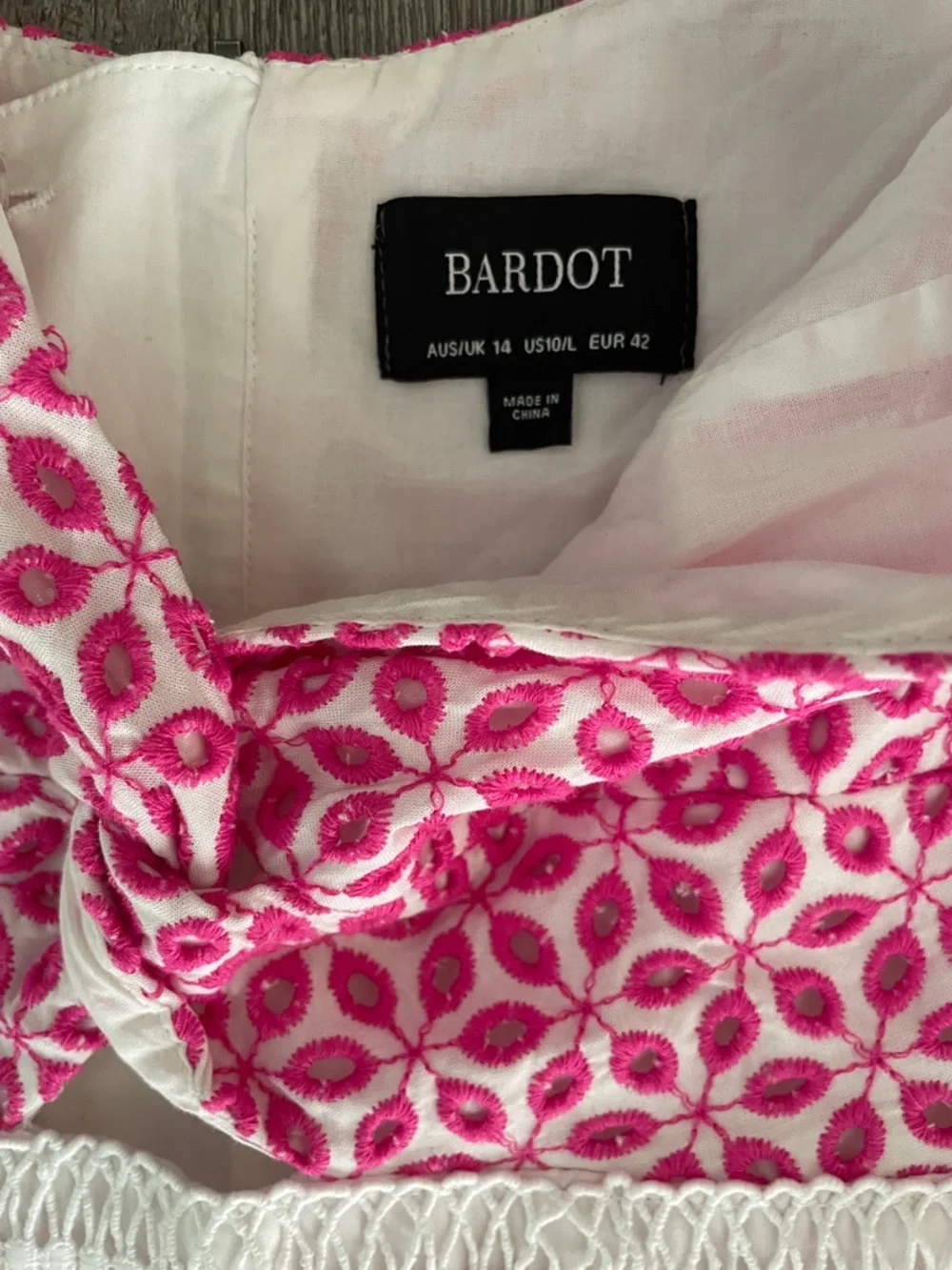 Bardot Camille Pink & White eyelet Twist-Front Mini Dress